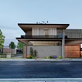 Modern Detached House Exterior With Flat Roof Large Windows And Wooden Panels