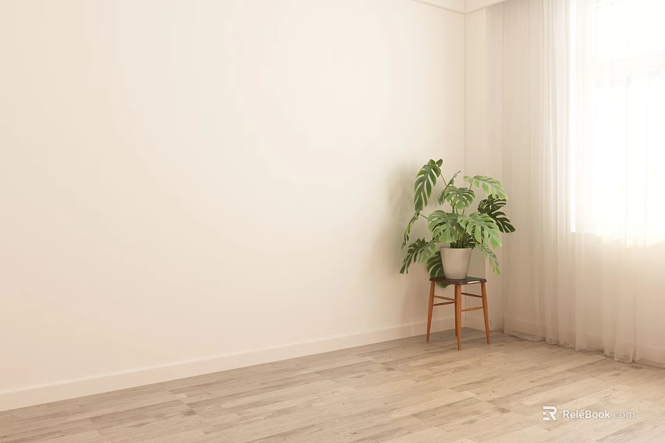 Bonsai Plant in Corner with Light Wall Wooden Floor on Small Stool near Window Curtain 3d model 
