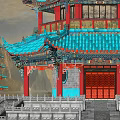 Ancient Chinese Multi Story Pavilion With Blue Roof Red Pillars And Golden Decorations