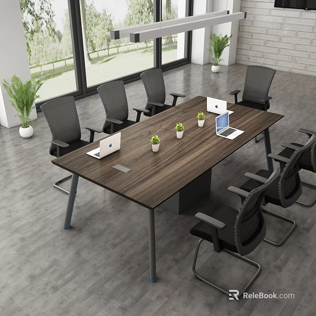 Bright Meeting Room With Long Wooden Table Black Chairs Laptops Potted Plants And Large Windows 3d model 