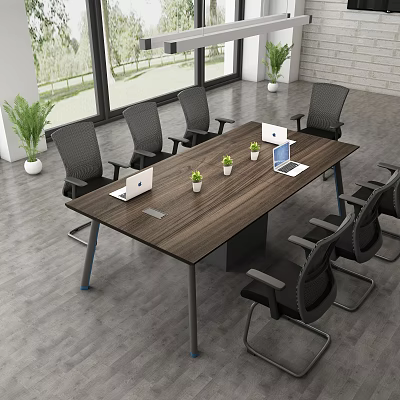 Bright Meeting Room With Long Wooden Table Black Chairs Laptops Potted Plants And Large Windows 3d model
