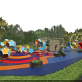 Vibrant Community Park With Colorful Geometric Play Structures Green Trees Lush Grass And Children Activities