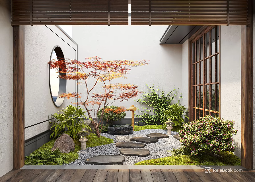 Japanese style Courtyard Garden With Round Window Red Maple Tree Stone Stepping Path And Green Plants 3d model 