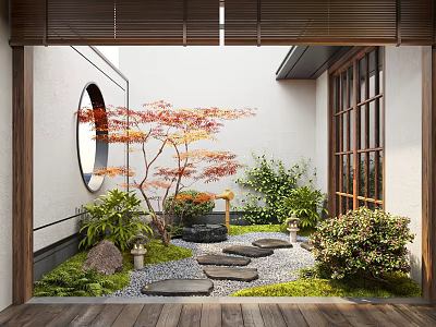 Japanese style Courtyard Garden With Round Window Red Maple Tree Stone Stepping Path And Green Plants 3d model