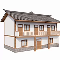 Rural Self-built House Two Story With Traditional Black Tile Roof White Walls And Balcony Railings