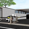 Modern Metal Entrance Gate with Security Booth Guard Near Trees White Car Stone Pavement