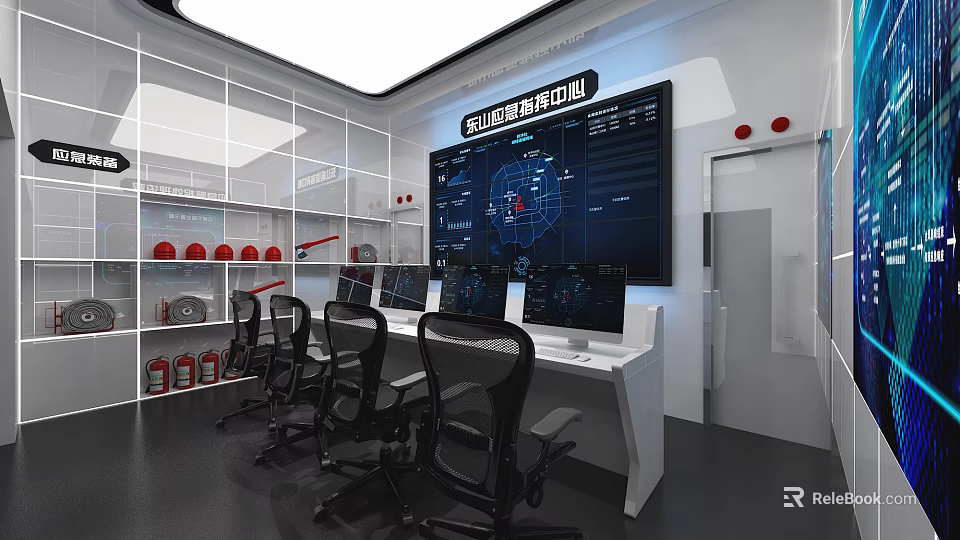 Modern Monitoring Room Interior With Multiple Monitors Control Desk And Ergonomic Chairs 3d model 