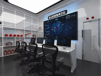 Modern Monitoring Room Interior With Multiple Monitors Control Desk And Ergonomic Chairs 3d model
