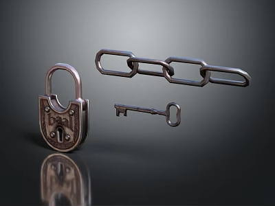 Hardware Tools Featuring Padlock Chain And Key On Dark Reflective Surface 3d model