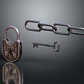 Hardware Tools Featuring Padlock Chain And Key On Dark Reflective Surface 3d model