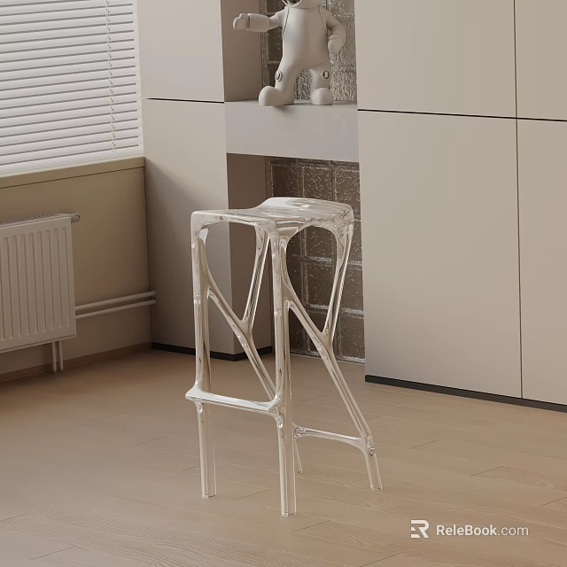 Modern White Bar Stool In Contemporary Room With Light Cabinets Brick Wall And Wooden Floor 3d model 