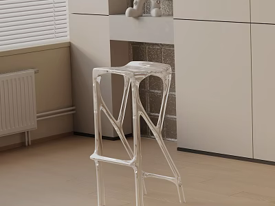 Modern White Bar Stool In Contemporary Room With Light Cabinets Brick Wall And Wooden Floor 3d model