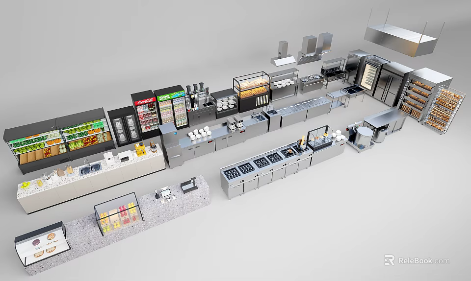 Modern Commercial Kitchen With Stainless Steel Appliances Refrigerated Display Cases Worktables Ovens And Freezers 3d model 