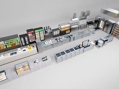 Modern Commercial Kitchen With Stainless Steel Appliances Refrigerated Display Cases Worktables Ovens And Freezers 3d model