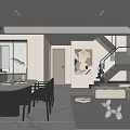 Modern Open Living Dining Room Interior With Dining Table Sofa Abstract Artwork And Staircase 3d model