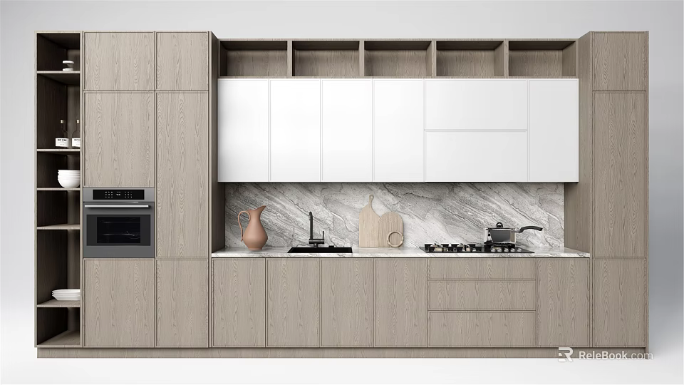 Modern Light Wood And White Kitchen Cabinets With Marble Countertop 3d model 
