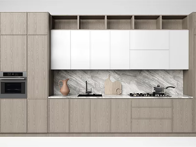 Modern Light Wood And White Kitchen Cabinets With Marble Countertop 3d model