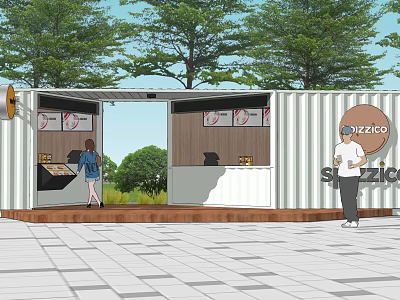 Container Building Pizza Shop With Open Design Outdoor Setting And Counter 3d model