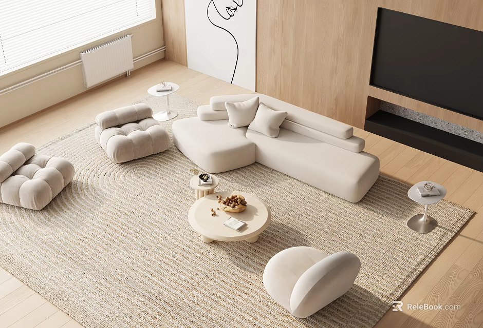 Light Beige Modern Sofa And Round Coffee Table Set With Pillows And Side Tables 3d model 