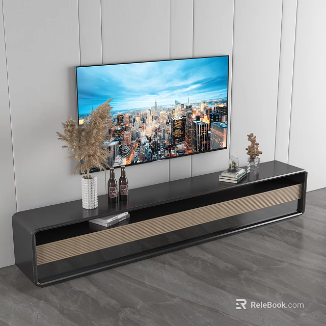 Modern TV Stand With Flat Screen TV Decorative Vase Bottles And Books 3d model 