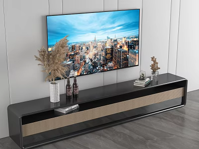Modern TV Stand With Flat Screen TV Decorative Vase Bottles And Books 3d model