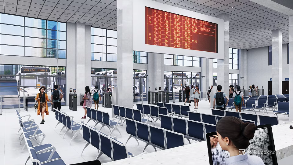 Spacious Service Hall Interior With Blue Chairs Large Windows And Information Display Screen 3d model 