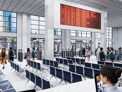 Spacious Service Hall Interior With Blue Chairs Large Windows And Information Display Screen 3d model