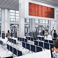 Spacious Service Hall Interior With Blue Chairs Large Windows And Information Display Screen