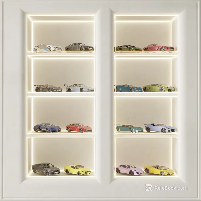 Decorative Cabinet With Multiple Shelves Displaying Colorful Model Car Collection 3d model