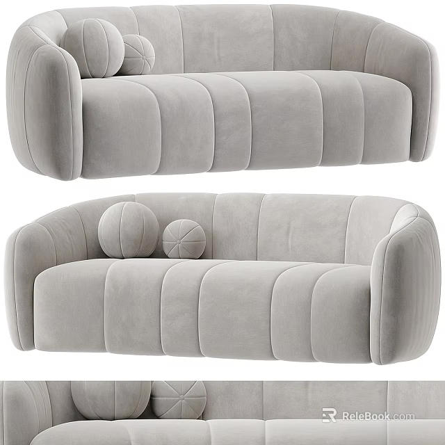 Modern Two Seater Sofa With Gray Velvet Upholstery Curved Design And Round Pillows 3d model 