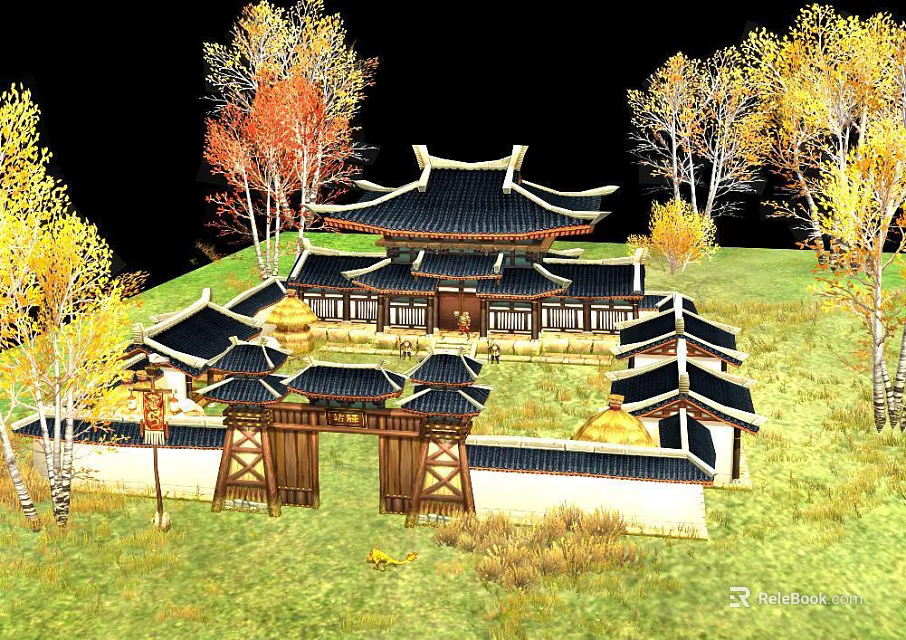 Traditional Chinese Ancient Architecture With Curved Roofs Courtyard Wooden Gate And Autumn Trees 3d model 