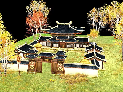 Traditional Chinese Ancient Architecture With Curved Roofs Courtyard Wooden Gate And Autumn Trees 3d model