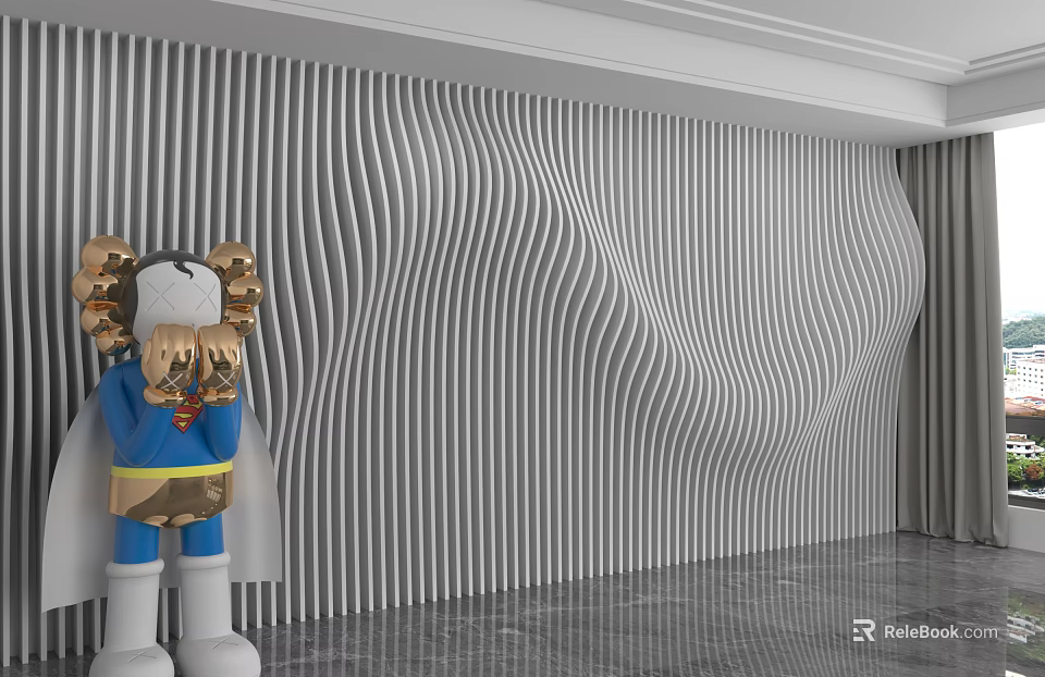 Modern Wavy Striped Background Wall Design With Gray And White Panel For Interior Decor 3d model