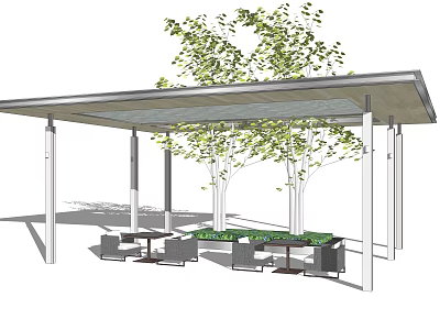 Modern Outdoor Pergola Seating Area With Trees Tables And Green Plants 3d model