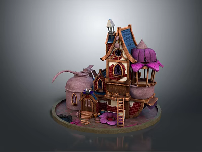 Cartoon Scene With Colorful Multi layered Fairy Tale House Tower Spire Windows Ladder And Round Base 3d model
