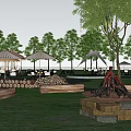 Scenic Campsite With White Sail Shade Surrounded By Trees Glamping Tents And Outdoor Dining Furniture