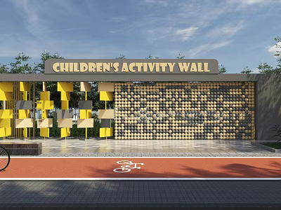 Children's Activity Wall With Yellow And Gray Square Panels In Outdoor Bike Lane Area 3d model