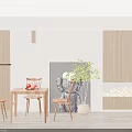 Natural Wood Square Dining Table and Chairs Set with Fruits and Decorative Plants