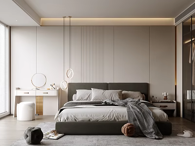 Modern Bedroom With Vertical Line Accent Wall Round Pendant Lights Gray Carpet And Dresser Mirror 3d model
