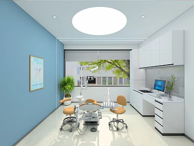 Dental Clinic Interior With Blue Walls White Cabinets Dental Chairs And Medical Equipment 3d model