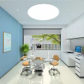 Dental Clinic Interior With Blue Walls White Cabinets Dental Chairs And Medical Equipment