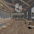 Traditional Japanese Restaurant Interior With Wooden Bar Counter Dining Tables Lantern Lights And Decorative Paintings
