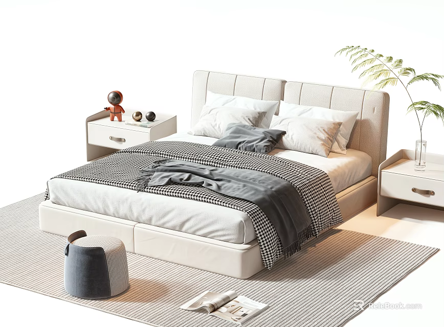 Modern Double Bed with Upholstered Headboard Pillows Plaid Blanket Nightstands Potted Fern Striped Rug 3d model 