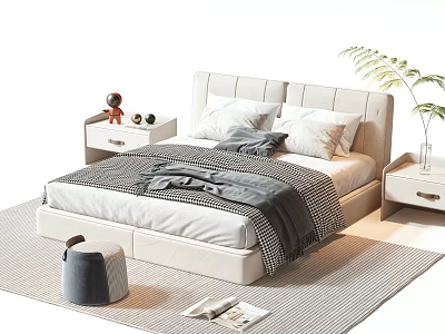 Modern Double Bed with Upholstered Headboard Pillows Plaid Blanket Nightstands Potted Fern Striped Rug 3d model