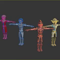 Four 3D Characters In Various Armored Costumes Standing With Extended Arms
