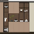 Modern Wine Cabinet With Wooden Open Shelves LED Lighting And Decorative Items
