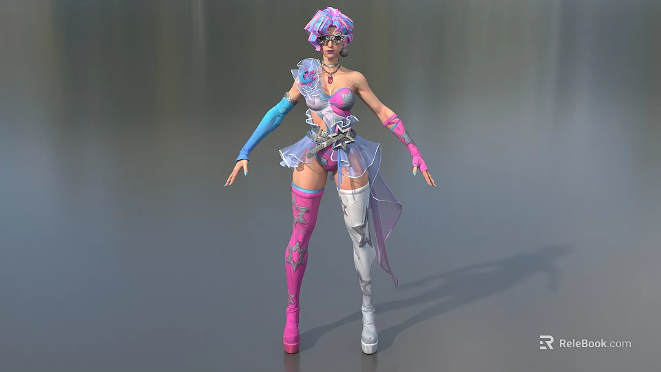 Stylish Game Movie Character With Pink Blue Hair And Decorative Outfit 3d model 