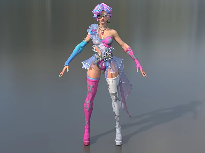 Stylish Game Movie Character With Pink Blue Hair And Decorative Outfit 3d model