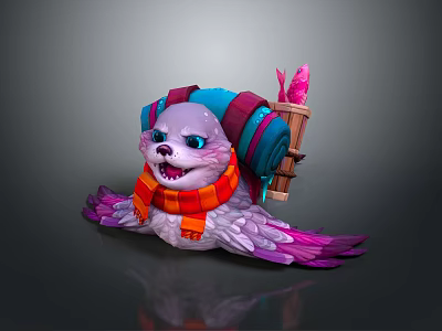 Fantasy Seal Character With Purple Pink Feathers Colorful Scarf Scroll Pink Crystal Cheerful Fierce Expression 3d model