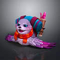 Fantasy Seal Character With Purple Pink Feathers Colorful Scarf Scroll Pink Crystal Cheerful Fierce Expression